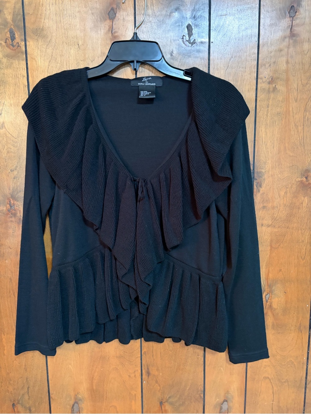 Nina Leonard Black Ruffle-Front Long Sleeve Top